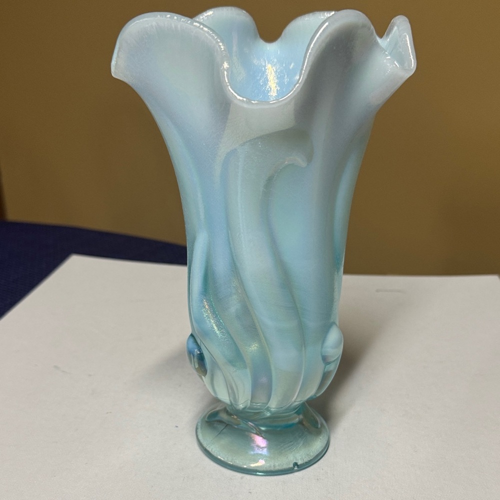 Fenton Art Glass Swung Handkerchief Vase Aquamarine Opalescent Stretch 9” tall
